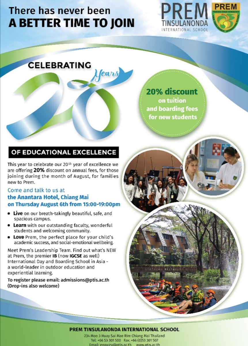 kiddycations's tweet photo. @Anantara_Hotels Prem is celebrating 20 years! Looks like a great time to join with 20% discount! They are also now offering the IGCSE programme. They are at the Anantara Hotel, Chiang Mai tomorrow 💗 https://t.co/6nXRvSwBPk