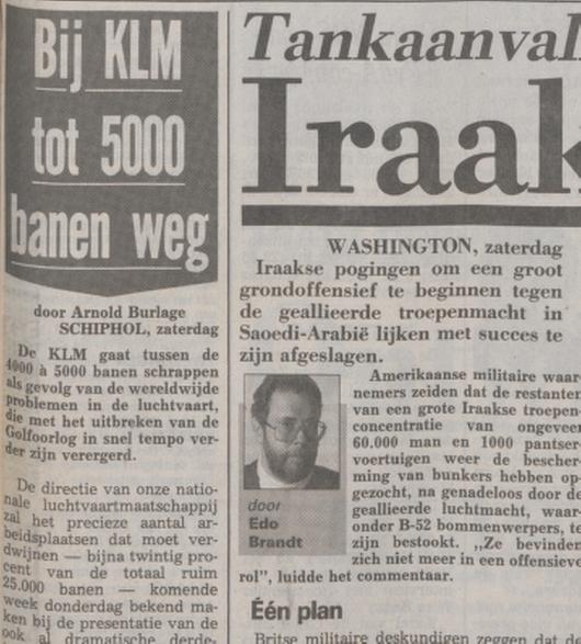marcofnstr's tweet photo. Ook op za 2 feb 1991 werd op de vp #Telegraaf gemeld dat er tot 5000 ontslagen bij #klm vallen, vanwege de #Golfoorlog. Een week later op vrij 8 feb wordt besloten de koers drastisch te wijzigen. In totaal vallen er 3100 ontslagen. https://t.co/LQT27K7dXZ https://t.co/2vR2ZELE6U