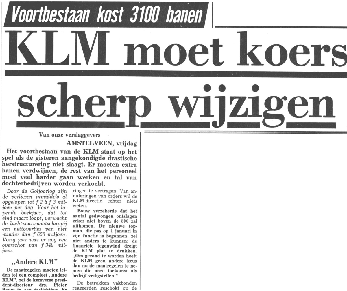 marcofnstr's tweet photo. Ook op za 2 feb 1991 werd op de vp #Telegraaf gemeld dat er tot 5000 ontslagen bij #klm vallen, vanwege de #Golfoorlog. Een week later op vrij 8 feb wordt besloten de koers drastisch te wijzigen. In totaal vallen er 3100 ontslagen. https://t.co/LQT27K7dXZ https://t.co/2vR2ZELE6U