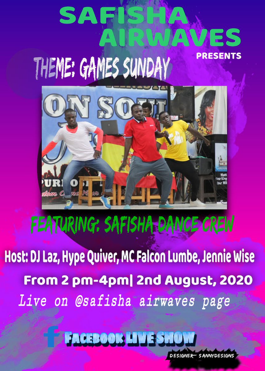 SafishaAirwaves's tweet photo. Hello Safisha Family, Come this sunday we have an Epic program lined up featuring safisha Crew and code 254 crew. Awesome games, fun, dance lined up you cant afford to miss....

Posta by Sanny Peter designs 

#GamesSunday
#SafishaGames
#JesusWorldwide
#SafishaAirwaves https://t.co/FEFsEUb2DT