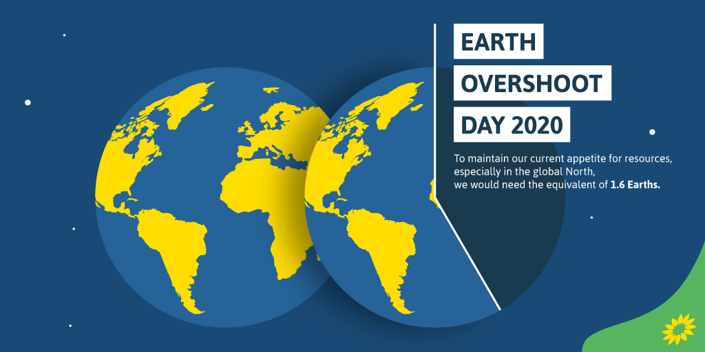 europeangreens's tweet photo. Today marks the point in 2020 at which humanity has consumed more resources than nature can regenerate. As a species, we must stop borrowing the Earth's future resources to operate our economies in the present, and bring consumption back to sustainable levels.

#EarthOvershootDay https://t.co/ESn95ZscxQ