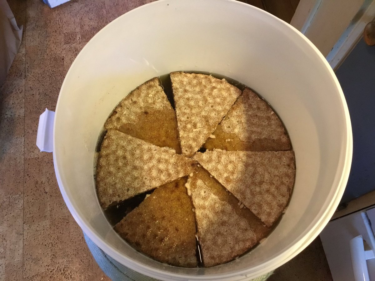 5. Place the slices on top of the liquid with the yeast facing down. Cover with plastic or a tight lid and let stand at room temperature for a month.