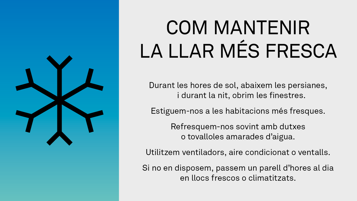 Davant la #calor, cuidem-nos!
🌡️☀️ Si la temperatura dins de casa és força alta, intentem passar un parell d'hores al dia en llocs frescos o climatitzats i aprofitem la nit per refrescar les estances.

👉 barcelona.cat/infobarcelona/…