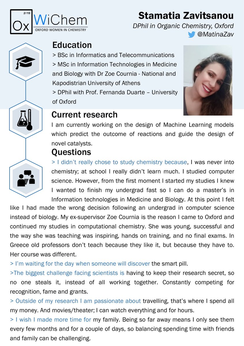 Oxford Women in Chemistry (@oxwichem) on Twitter photo Meet committee member <a href="/MatinaZav/">Matina Zavitsanou</a> a DPhil in <a href="/duartegroup/">Dave Duarte</a>! Originally from Greece she trained as a computer scientist and inspired by <a href="/zoecournia/">Zoe Cournia</a> she came to Oxford to apply her skills to a completely new field! Is there anything she can’t do?! #OxWiChemProfiles #WomenInSTEM Meet committee member <a href="/MatinaZav/">Matina Zavitsanou</a> a DPhil in <a href="/duartegroup/">Dave Duarte</a>! Originally from Greece she trained as a computer scientist and inspired by <a href="/zoecournia/">Zoe Cournia</a> she came to Oxford to apply her skills to a completely new field! Is there anything she can’t do?! #OxWiChemProfiles #WomenInSTEM