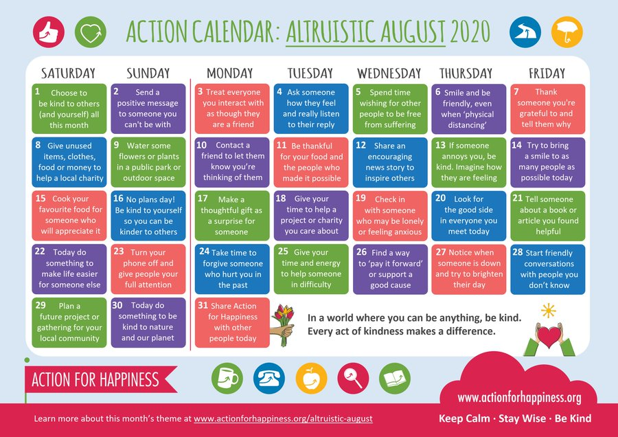 great_together's tweet photo. 🗓 Tomorrow is the beginning of Altruistic August.

Join our friends @actionhappiness and help spread a bit more kindness next month 🙏🌍

https://t.co/icli3P7aSB https://t.co/2NSHz5KFM9