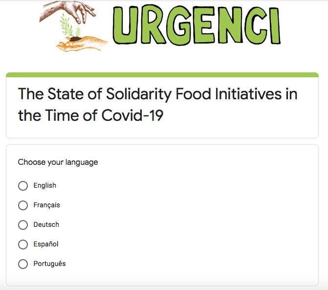 Urgenci1's tweet photo. URGENCI lance une enquête mondiale "les initiatives alimentaires solidaires au temps du coronavirus". Le questionnaire en ligne est dispo en Français, EN, DE, ES, PT, ainsi qu'en arabe et en turc ! https://t.co/4E36SBWY0w Merci de prendre 5 min pour répondre 🙏
#Amap #ASC #GASAP https://t.co/2ivon5YHX8