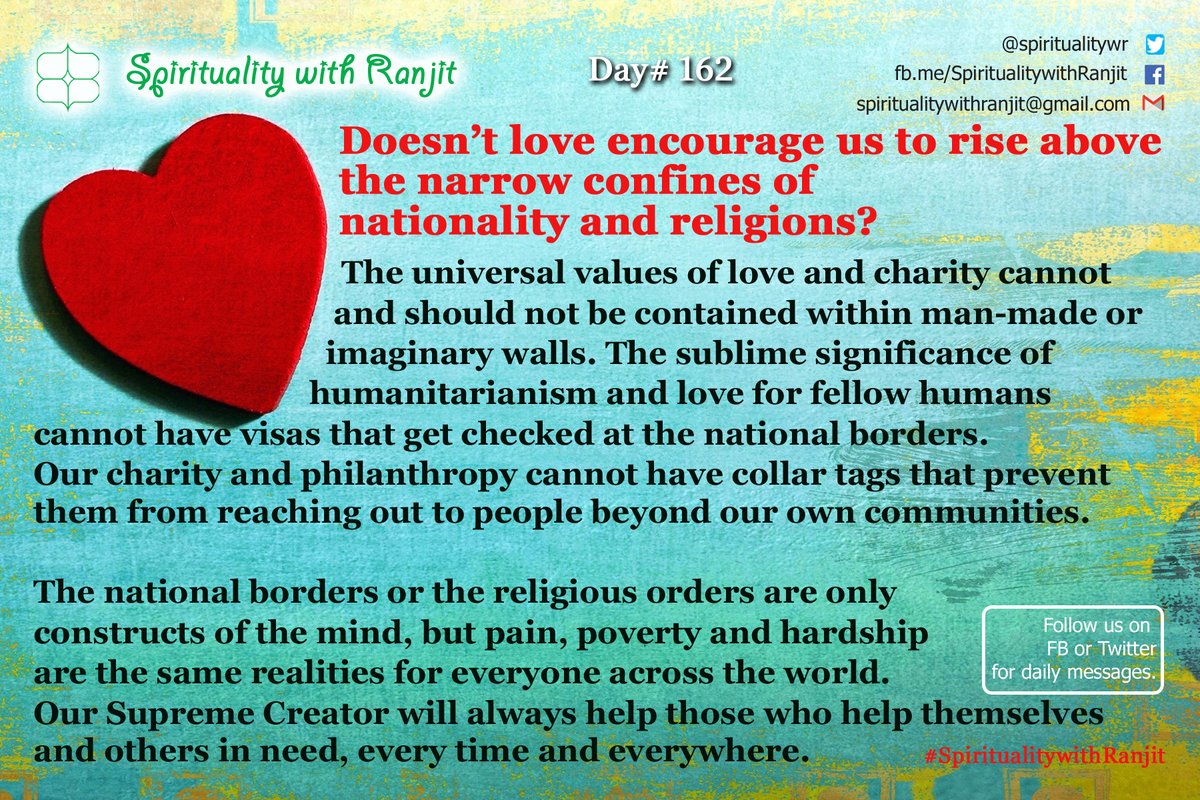 spiritualitywr's tweet photo. Do you think the universal values of love and charity should have visas that get checked at the national borders?
#Day162 #Tweet162 #Post162 #universality #universallove #charity #humanity #philanthropy #nationality
#SpiritualitywithRanjit
@spiritualitywr @ranjitksharma https://t.co/epDU8zfTh0