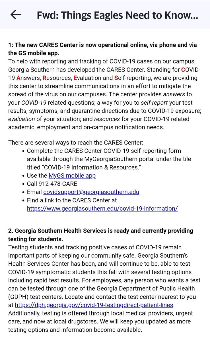More on GA southern: sounds like students can be tested at their health center.
