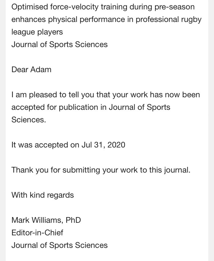 Just got my acceptance email to JSS for my first published research. Thanks so much to <a href="/jamietallent/">Jamie Tallent</a> <a href="/MarkWaldron13/">Dr Mark Waldron</a> and @Emily_Cushion for the support and collective brain power through the process!!