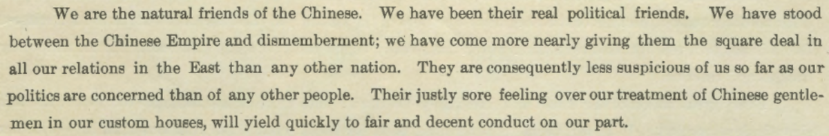 James discusses this fact in his letter, clarifying that, "We may not admit the Chinese laborer, but we can treat the Chinese student decently and extend to him the facilities of our institutions of learning" :