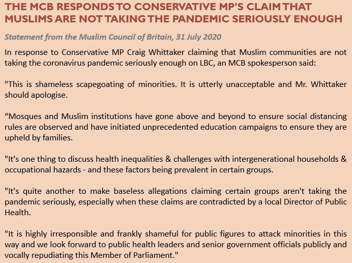 MuslimCouncil's tweet photo. The Muslim Council of Britain issued 3 statements about Eid

1. Our general Eid message (inc. guidance)
2. A response to the late lockdown notice by the government
3. A response to the Conservative MP blaming Muslim communities for not taking #COVID19 seriously on LBC
#EidMubarak https://t.co/Sw3ZMDe7i4