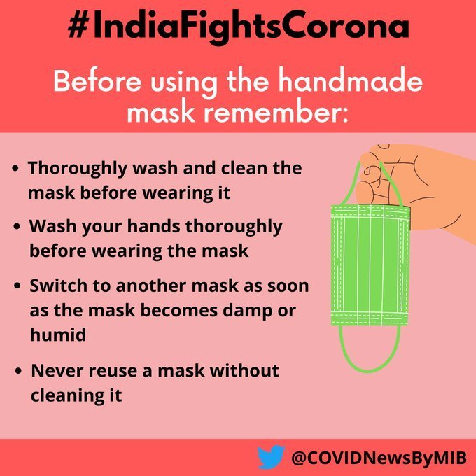 #IndiaFightsCorona: 😷Things to remember before using the home-made mask👇 ➡️Thoroughly wash & clean the mask ➡️Wash your hands before wearing mask ➡️Change your mask once it becomes damp or humid ➡️Never reuse a mask without cleaning it #StaySafe #IndiaWillWin