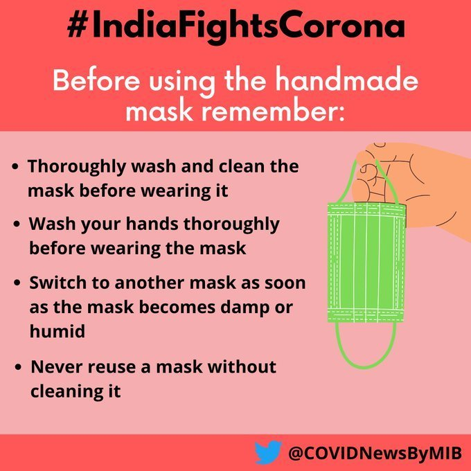 COVIDNewsByMIB's tweet photo. #IndiaFightsCorona: 

😷Things to remember before using the home-made mask👇

➡️Thoroughly wash &amp; clean the mask 
➡️Wash your hands before wearing mask
➡️Change your mask once it becomes damp or humid
➡️Never reuse a mask without cleaning it 

#StaySafe #IndiaWillWin https://t.co/VQuFHbjMIF