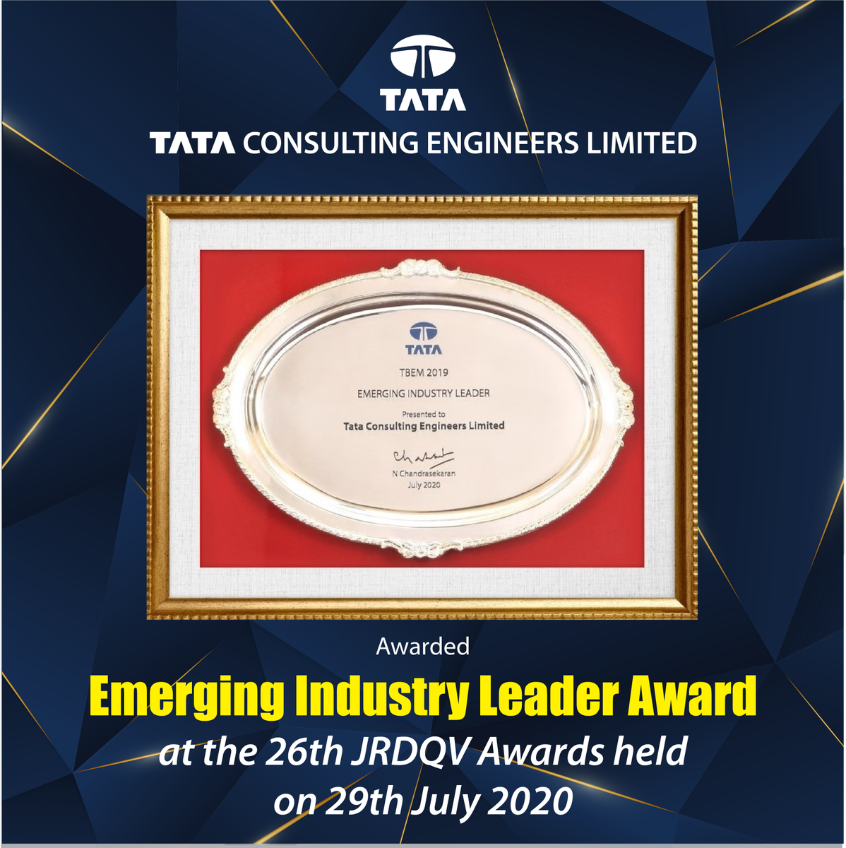 TCEConnect's tweet photo. Proud to announce that #TataConsultingEngineers (#TCE) has been recognised as the “Emerging #IndustryLeader” in the #TBEM #BusinessExcellence Assessment 2019. The Award was presented at the 26th #JRDQV #Awards function held on 29th July 2020, 116th Birth Anniversary of #JRDTata https://t.co/dIIsYmDICz