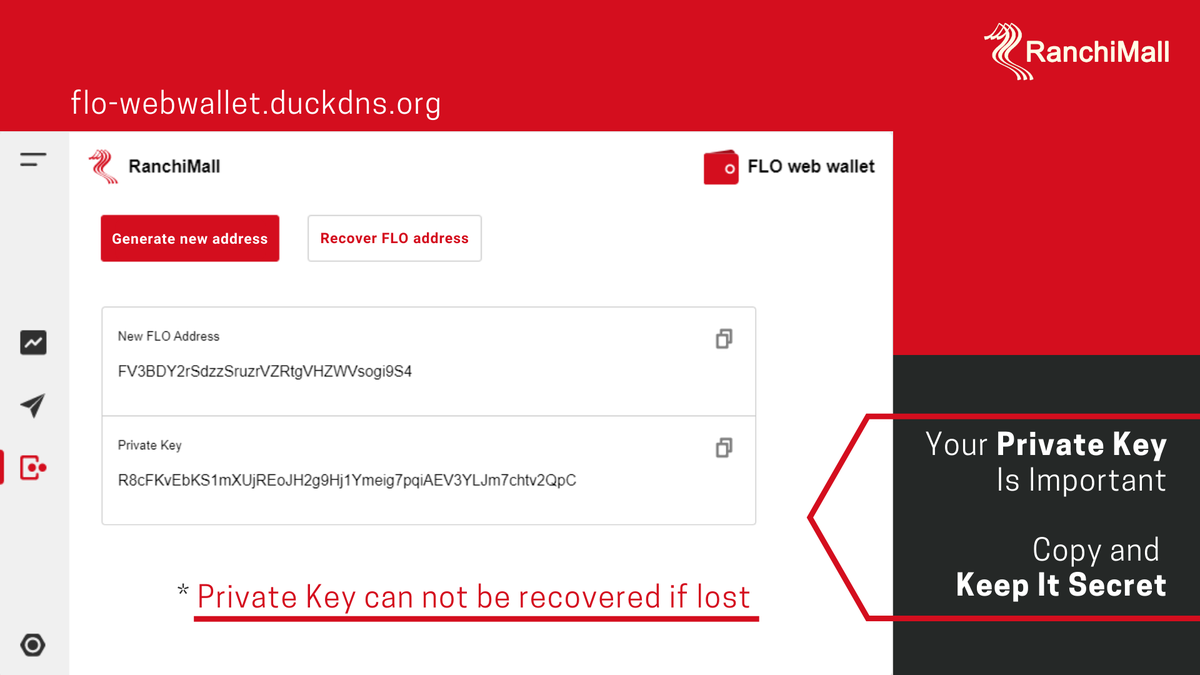 ranchimallFLO's tweet photo. Step 3:
Your 𝗙𝗟𝗢 𝗜𝗗 is generated with its 𝗣𝗿𝗶𝘃𝗮𝘁𝗲 𝗞𝗲𝘆.
Keep your Private Key secret and safe. It can not be recovered if lost.
@FLOblockchain @FLOcommunity @ranchimallFLO 

#Blockchain #WebWallet #FLOBlockchain #cryptowallet #FLO #FloID #cryptocurrency #RanchiMall https://t.co/WGvjNhuxXS