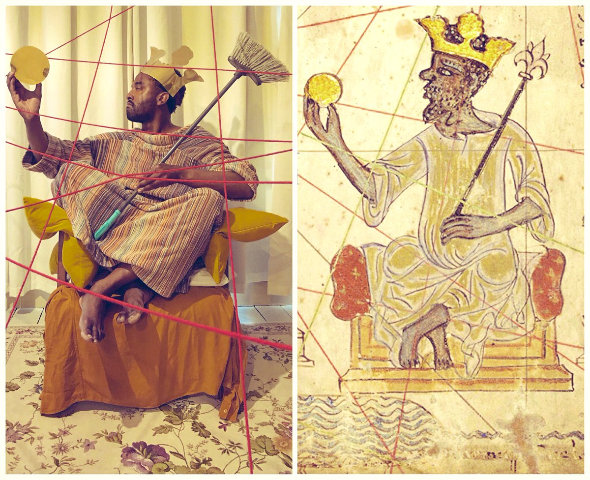 PeterBrathwaite's tweet image. Abraham Cresques: Mansa Musa (1375). Detail from the Catalan Atlas. On a page of trade routes sits a West African king holding a golden coin. Reworked with bathrobe, broom and red wool. Rediscovering #blackportraiture through #gettymuseumchallenge. #gettychallenge