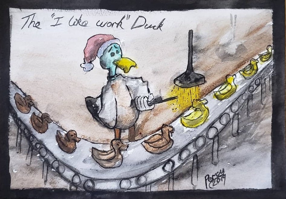 PercyInck's tweet photo. In December the #duck got a #sesonal #job #working at a #rubberduck #factory. #theilikeworkduck #duckwork #duckfriday #cartoon #comicbook #art #illustration #watercolours #anxietyintheworkplace #anxiety #mentalhealth #productionline https://t.co/QVCUcnGOyO