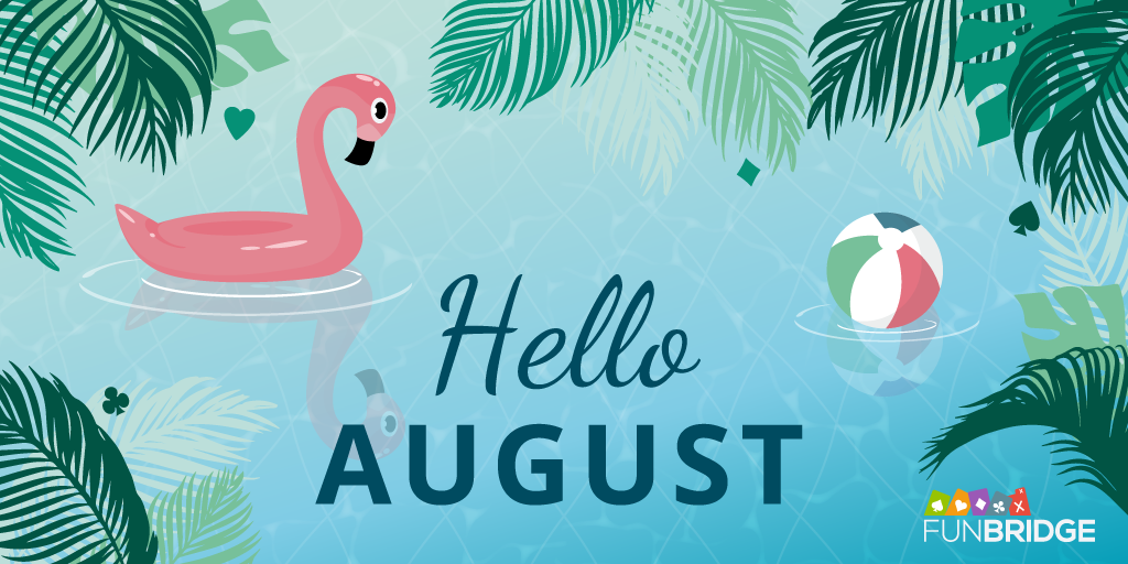 Funbridge's tweet photo. The August Funbridge calendar is available ๐
โบ Download it for free and print it by following this link: https://t.co/YDXwiKa2rZ
#august #summer #helloaugust #holidays #Funbridge #bridge #bridgetournament #bridgecardgame #playbridge #bridgeplayer #onlinegame https://t.co/ogvl1APBZN