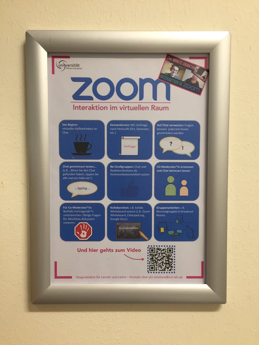 Die neuen #oneminutedidaktik Poster hängen über den Kopierern @UniWH. Und hier: youtu.be/8KjmPIxJvFw sprechen Jan Ehlers @Medizindidaktik und ich über die neun Punkte, die wir zu mehr Interaktion in Zoom zusammengestellt haben. Hat wieder viel Spaß gemacht -trotz #lampenfieber