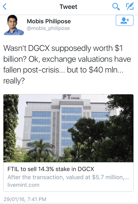 Jignesh Shah meanwhile sold his (FTIL's) 27% stake in Dubai Gold and Commodity Exchange ( @dgcx) for merely 11 mn US$ (valuing the huge exchange only at around 40 mn US$). Some years back FTIL had sold 1% stake in DGCX for 12.5 mn US$ ( do the math). 12/