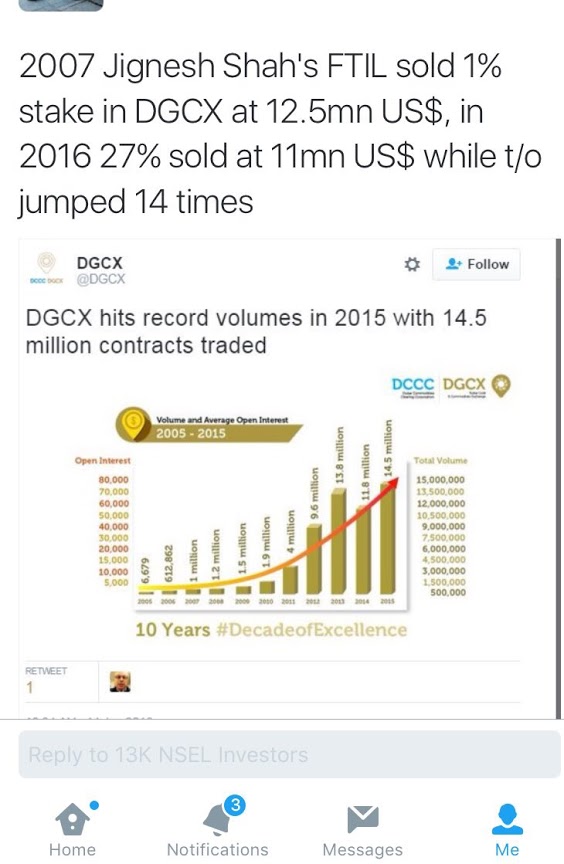 Jignesh Shah meanwhile sold his (FTIL's) 27% stake in Dubai Gold and Commodity Exchange ( @dgcx) for merely 11 mn US$ (valuing the huge exchange only at around 40 mn US$). Some years back FTIL had sold 1% stake in DGCX for 12.5 mn US$ ( do the math). 12/