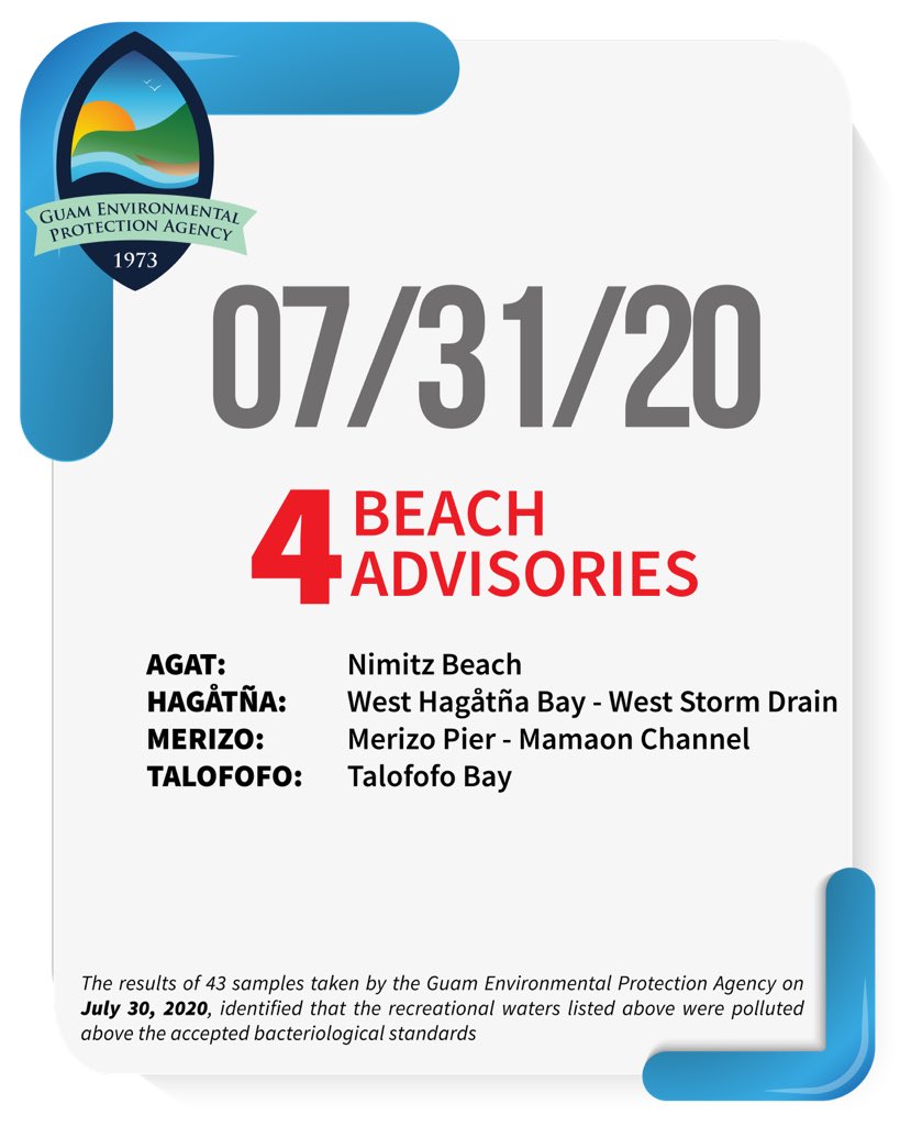 GuamEPA's tweet photo. July 31, 2020 - 4 Beach Advisories

Swimming, fishing or playing in unsafe waters may result in minor illness. Children, the elderly and people with weakened immune systems have a greater chance of getting sick when they come in contact with contaminated water. https://t.co/HxHFBaxbgK
