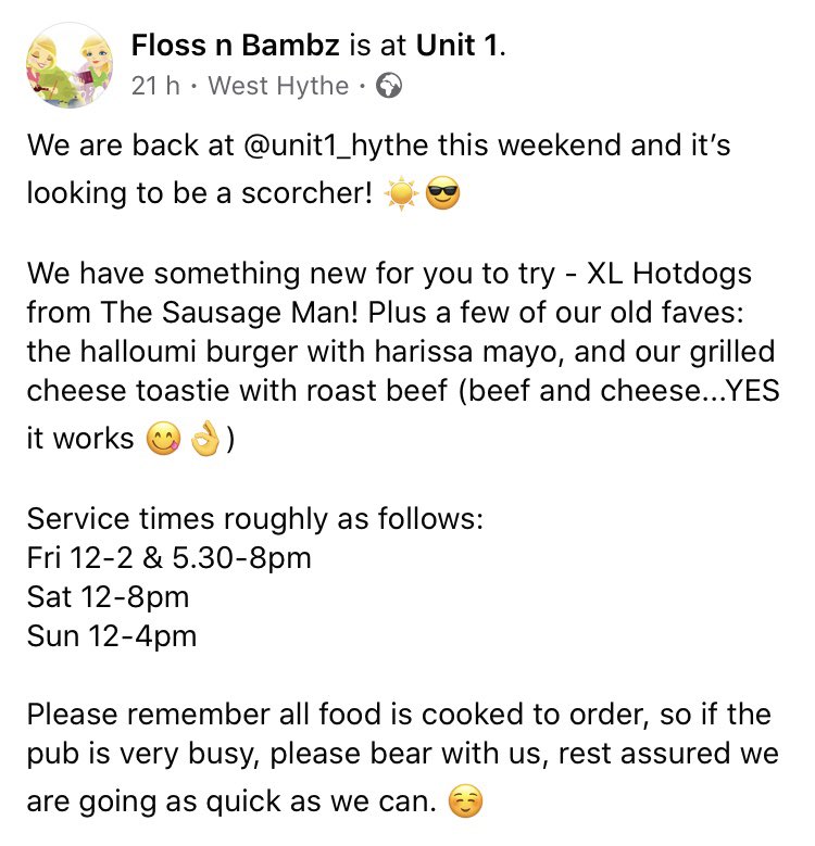 Unit1H's tweet image. This weekend’s menu looks awesome from the pop up kitchen Floss n Bambz - something for everyone! #unit1 #hythe #kent #micropub #pub #bar #beer #ale #craftbeer #food #drinks #vegan #vegetarian #streetfood #dogfriendly #supportlocal
