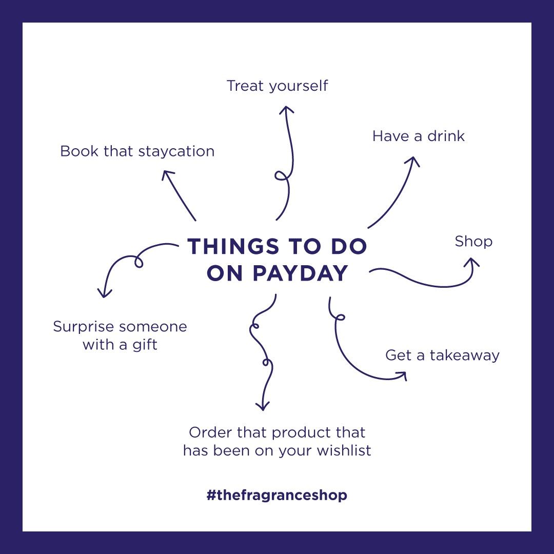FragranceShopUK's tweet photo. You have to do at LEAST one of these things today... It is payday after all! ๐ท
#payday #doublepayday #cheers #celebrate #paydaytreats https://t.co/jPfltcIwwg