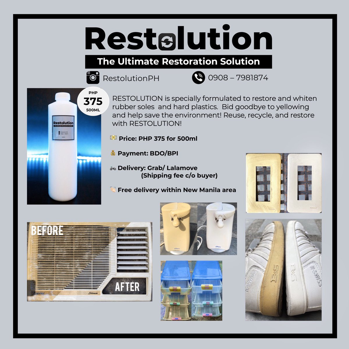 RestolutionPH's tweet photo. The ultimate restoration solution is here!🔄 RESTOLUTION is specially formulated to restore and whiten rubber soles and hard plastics. Bid goodbye to yellowing and help save the environment! 👋🏻😉 

📱For inquiries, message/Viber 0908-7981874 or DM @RestolutionPH on Instagram 🔄 https://t.co/vmOrgDKiOt