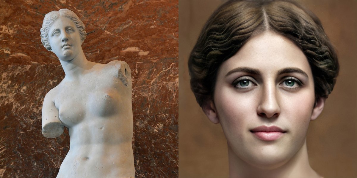 Milo's Aphrodite (Αφροδίτη της Μήλου) was probably carved by Alexandros of Antioch Between 130 and 100 BC.
The right version was done by me with a #NeuralNetwork called #stylegan2 in #artbreeder:

#DeepLearning #ArtificialIntelligence  #NeuralNetworks 
#history #art #sculpture