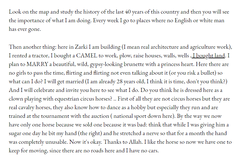 He also told his parents about marrying a "beautiful, wild, gypsy-looking brunette with a heart of a princess". He informs his parent about the local culture that how flirting or even talking about it could risk a bullet.