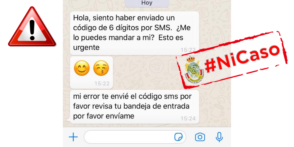 GDTGuardiaCivil's tweet photo. Los secuestros de #whatsapp son el mejor ejemplo de por qué no debemos compartir códigos de verificación recibidos por SMS.

Muchas de las #ciberestafas que investigamos se cometen por esta vía

Si eres víctima, escríbenos 👉🏽ciberestafas@guardiacivil.org https://t.co/7CqlqJs9Fm