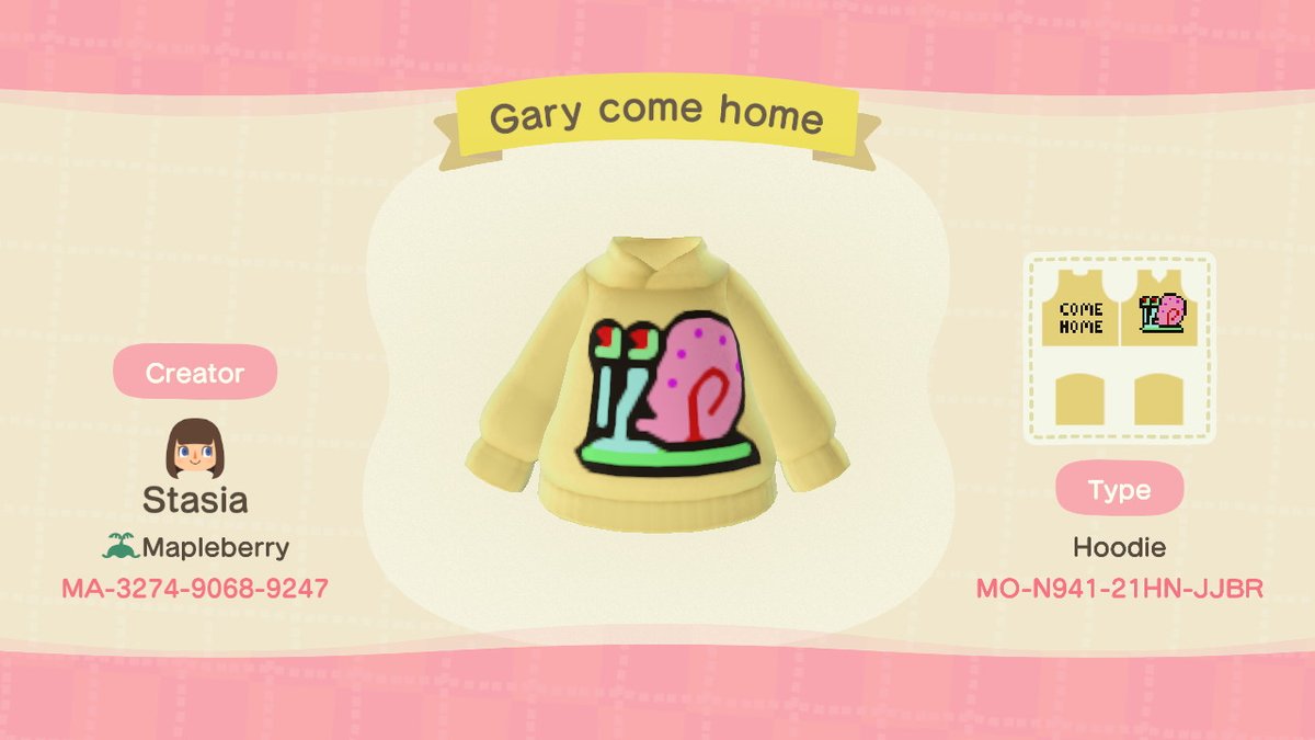 stasia_berry's tweet photo. #AnimalCrossing #ACNH #NintendoSwitch #customdesign #cccode #spongebob #gary #come #home
New design just uploaded! Enjoy!! https://t.co/0qOOgtjXqZ