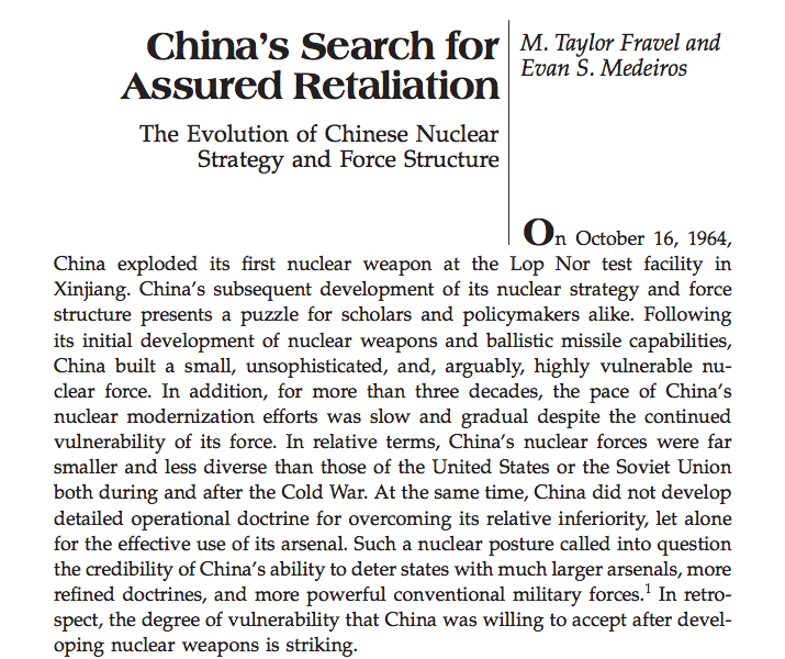 ... "national identity conception". Only "oppositional nationalist" leaders will take the drastic step of acquiring the nuclear bomb for their countries. There are other similar arguments. Fravel and Medeiros attribute slow development of Chinese nuclear forces to...