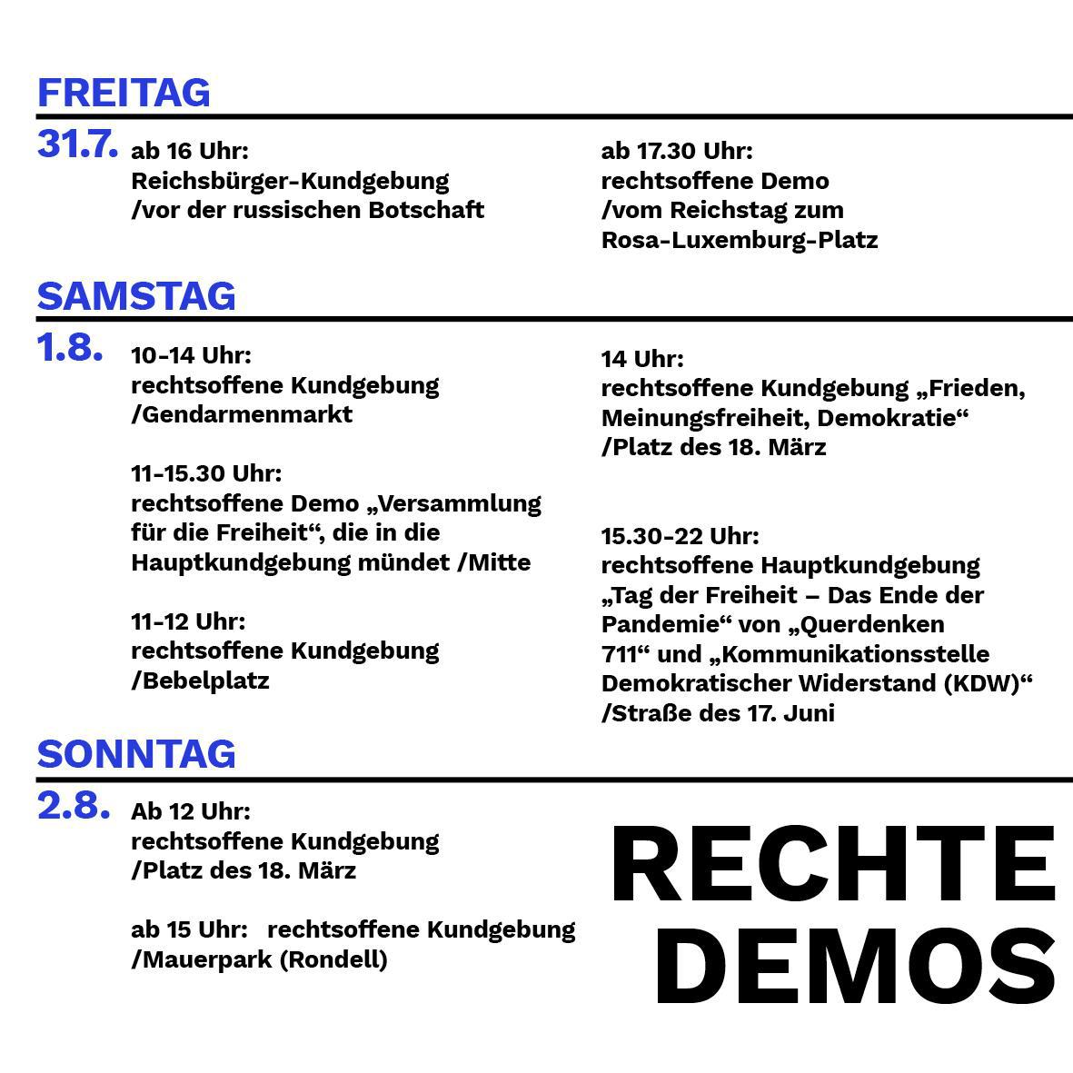 SeebrueckeB's tweet photo. Geht dieses Wochenende auf die Straße, um gegen den sogenannten „Tag der Freiheit“ der rechtsoffenen und rechten Corona-Leugner*innen zu demonstrieren!

Bilder zeigen die angemeldeten Kundgebungen Stand 29.7 von @BerlingegenNazi 

#b0108 #b0208 #b3107 https://t.co/uuFSvXGeE3