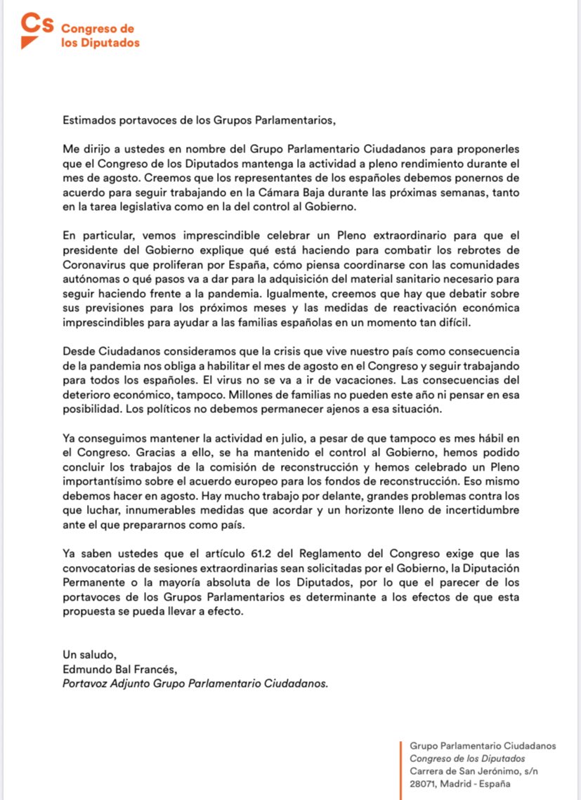 BalEdmundo's tweet photo. El virus no se va de vacaciones. La crisis económica que afecta a millones de familias, tampoco. Los representantes de los españoles tenemos mucho trabajo por hacer en servicio de todas ellas.

Desde @CiudadanosCs pedimos que se habilite el mes de agosto en el Congreso👇 https://t.co/kjYkOZYyWj