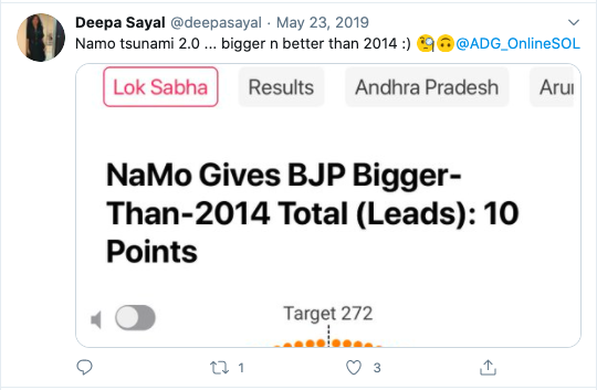 Now funnily - this is where the ADG Online founder Deepa Sayal& #39;s affinity lies. Her company worked on the elections & she wanted a "TsuNaMo".Her co-founder Anuj Sayal had this picture as his profile after election results(3/6)