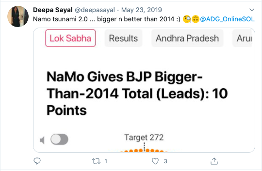 Now funnily - this is where the ADG Online founder Deepa Sayal's affinity lies. Her company worked on the elections & she wanted a "TsuNaMo".Her co-founder Anuj Sayal had this picture as his profile after election results(3/6)