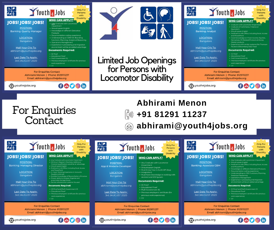 Youth4Jobs's tweet photo. Limited Jobs Vacancies for Persons with Disability:
Locations: Bangalore

For Enquiries Contact
Abhirami Menon
Phone: 8129111237
Email: abhirami@youth4jobs.org

#Jobs #Vacancy #PwD #Disability #Y4J https://t.co/t6yaBJGnOj
