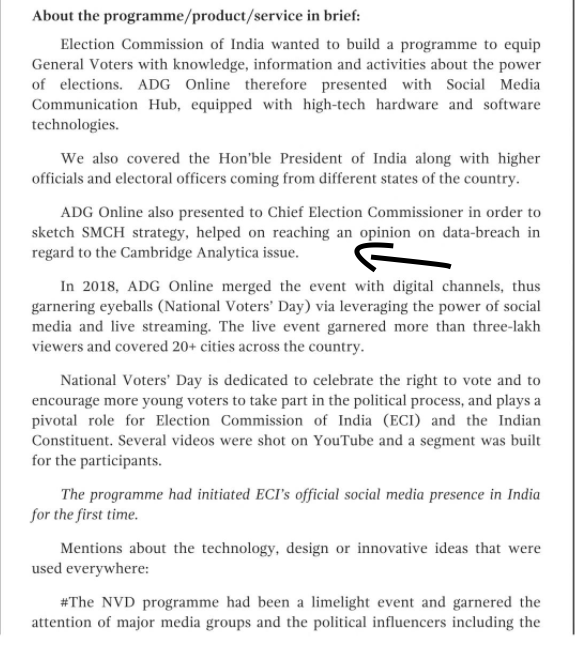 According to ADG Online Founder Deepa Sayal's book, the agency even consulted the Election Commission of India on formulating policies on "data breach concerns like Cambridge Analytica".Ironic that a company working with the ruling party BJP was consulted for this.(2/6)