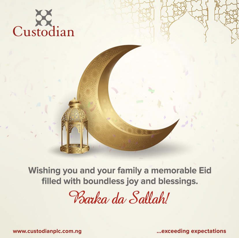 CustodianPLC's tweet photo. Wishing you and your family a memorable Eid filled with boundless joy and blessings. Happy Eid-el-Kabir! 
.
.
.
.
#Custodian  #Investment #Insurance #ExceedingExpectations #eidelkabir #eid #eidmubarak #happyholidays https://t.co/zfTcvTopCO