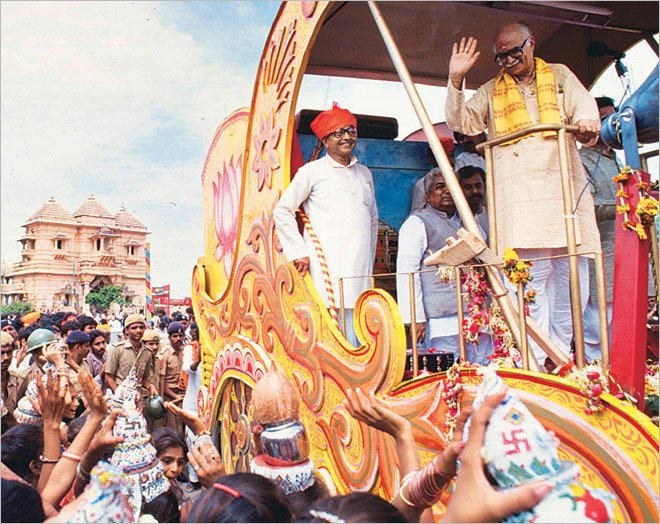 Shri Lal Krishna Advani, who astutely managed to repackage the core Hindutva ideal for modern India by propagating cultural nationalism. Advani profoundly presented Babri as a symbol of Hindu subjugation and as an act of penance, avowed: "सौगंध राम की खाते हैं मंदिर वहीं बनाएँगे"