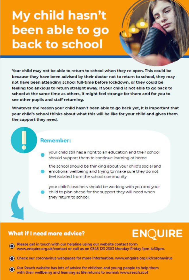 Reach_Scot's tweet photo. 📣Important child rights info 📣.      ➡️ If your child might be unable to go back to school when they reopen on August 11th, check out this infographic for advice from our parents/carers/professionals helpline @ASLadvice. #SchoolsReopeningScotland #AdditionalSupportforLearning https://t.co/V1pntjDf3P