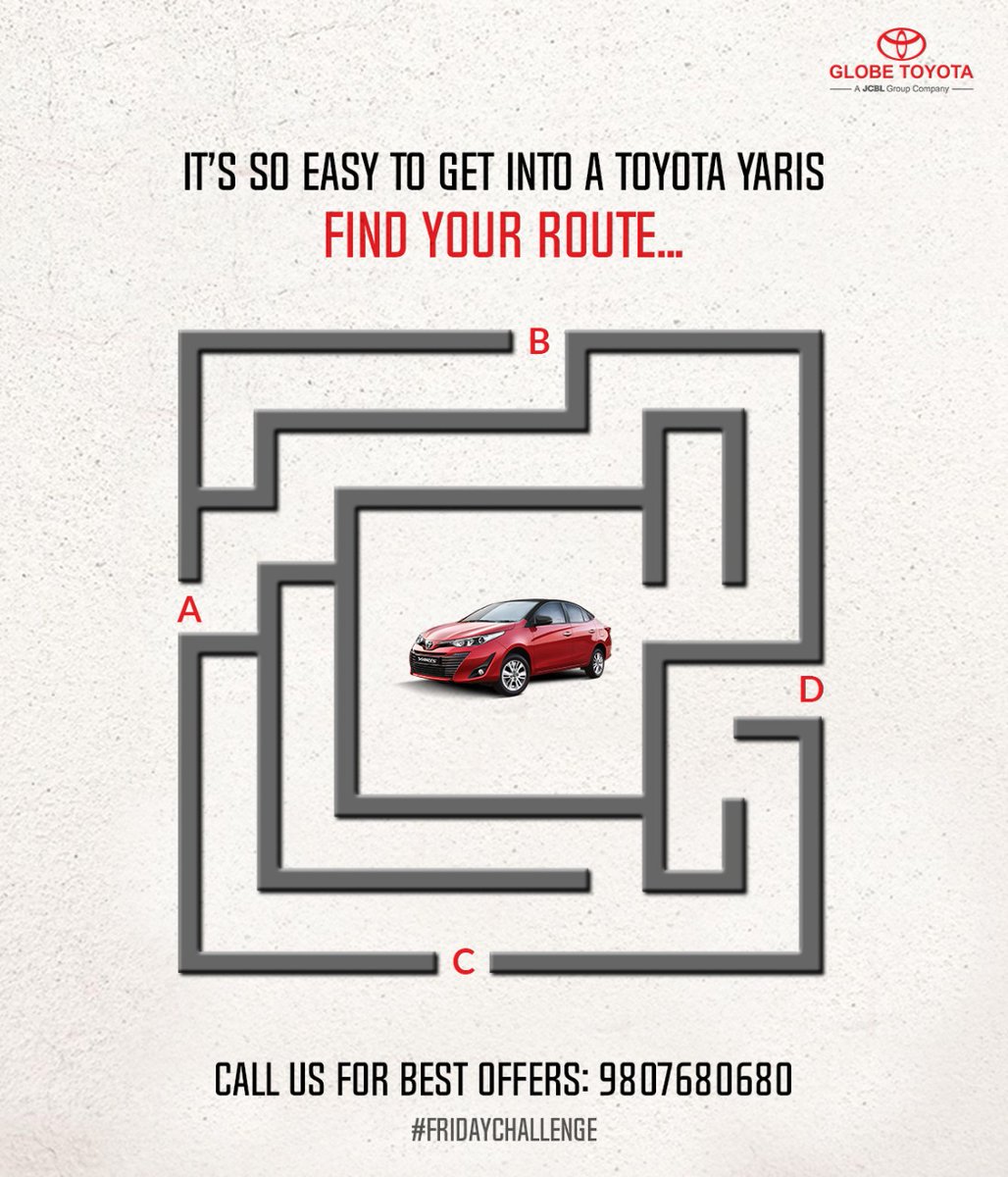 Ready for the challenge? 😄 Guess the right route now 🤔

Comment fast 👇

#GlobeToyota #FridayFun #FridayChallenge #Toyota #ToyotaDealer #FindTheRoute #ToyotaPinstripePride #CarSafety #LoveForCars #ToyotaPunjab #ToyotaHaryana #ChandigarhUpdate #challenge #ChallengeAccepted