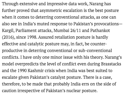 One of my conclusions from Vipin Narang's book (specifically the empirical part of the book) is that India generally errs on the side of caution in military confrontations. The 2nd screenshot is from an old article of mine ( https://www.livemint.com/Opinion/O0WpUHq56yKton30K7MgrN/Deterring-the-next-2611.html)
