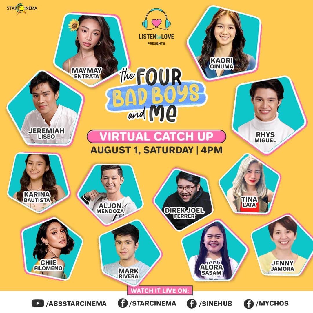 StarCinema's tweet photo. Listen to laugh and #ListenToLove them more!

Sabay-sabay nating i-welcome ang August with the director, author, and cast of #TheFourBadBoysAndMe sa masayang virtual catch-up, happening tomorrow at 4PM, on our official FB and YT pages, Sinehub's page, and MyChos page! https://t.co/JeNCuCFETk