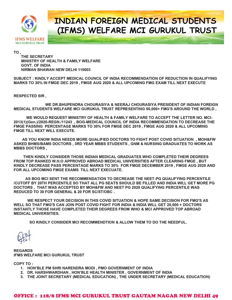 ForeignWelfare's tweet photo. @MoHFW_INDIA KINDLY ACCEPT MEDICAL COUNCIL OF INDIA RECOMMENDATION OF REDUCTION IN QUALIFYING MARKS TO 30% IN FMGE DEC19 / AUG 20 &amp; ALL UPCOMING FMG EXAM TILL NEXT EXECUTE . AS YOU ACCEPTED  FOR NEET PG 2020 @narendramodi @PMOIndia @drharshvardhan @ForeignWelfare  #INDIANEEDSFMGE https://t.co/VPLwNNrzFl