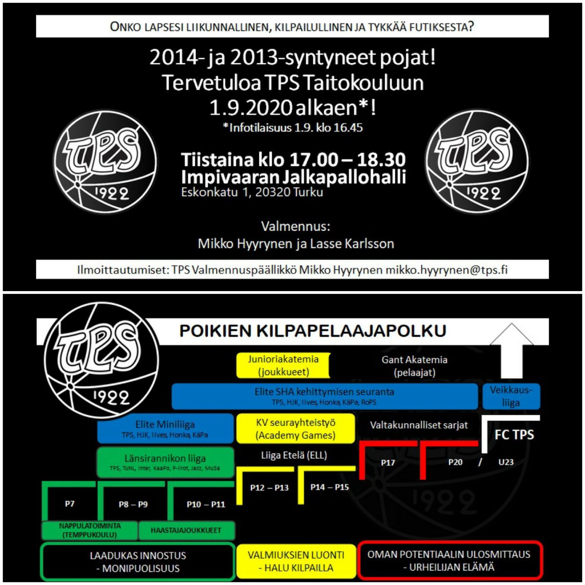 Tervetuloa Tepsiin!
Kilpapelaajapolku alkaa...
P2014 perustetaan marraskuussa ja TPS Taitokoulu starttaa syyskuun 1. päivä.
#tpsjuniorijalkapallo #tpsjunnut #FCTPS #TKOMV #tuumukaan #positiivisestitäysillä