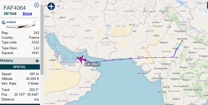 5472_nde's tweet photo. FAF4064 042 #FrenchAF Phenix tanker out of New Delhi after mission accompanying Rafales for #IndianAF 0817z https://t.co/QTWCxAKeiC