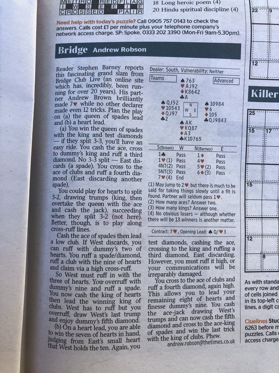 Thanks <a href="/ARBC_Bridge/">Andrew Robson Bridge</a> for our mention in <a href="/thetimes/">The Times and The Sunday Times</a> yesterday. What great play - how many tricks could you make? #bridgegame #playbridge #challenge #cardgame #playbridgeonline